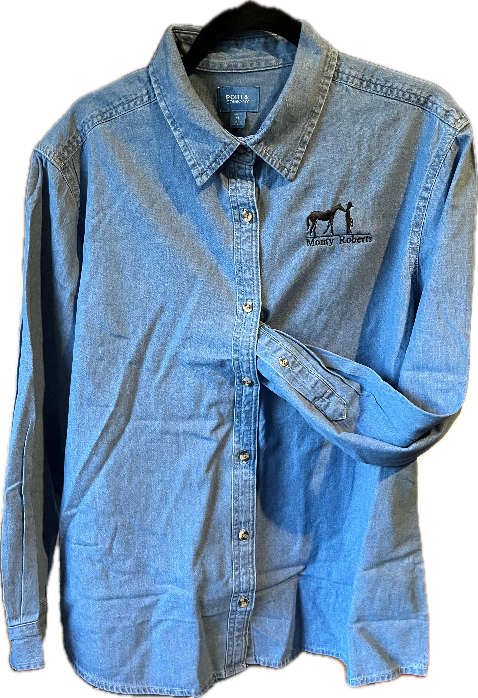 LONG SLEEVE LADIES FIT DENIM SHIRT WITH MONTY ROBERTS LOGO